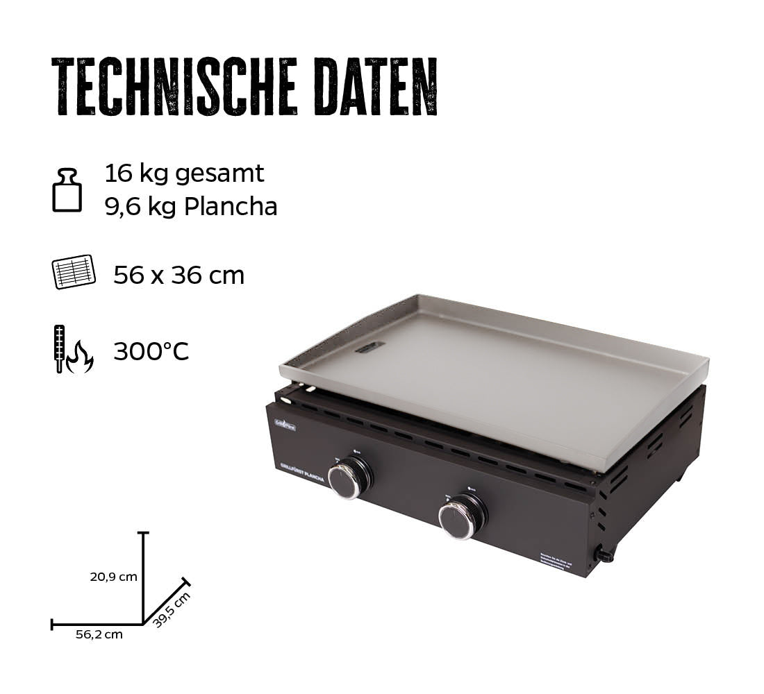 Plancha grill 2 brennere 7 kW rustfritt stål 56 cm bakside