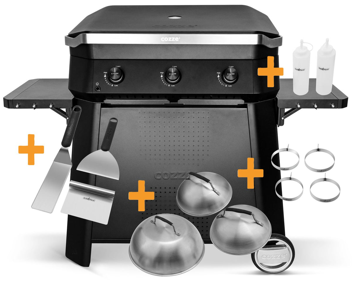 Plancha grill 800 med undervogn og XXL sett Cozze forfra
