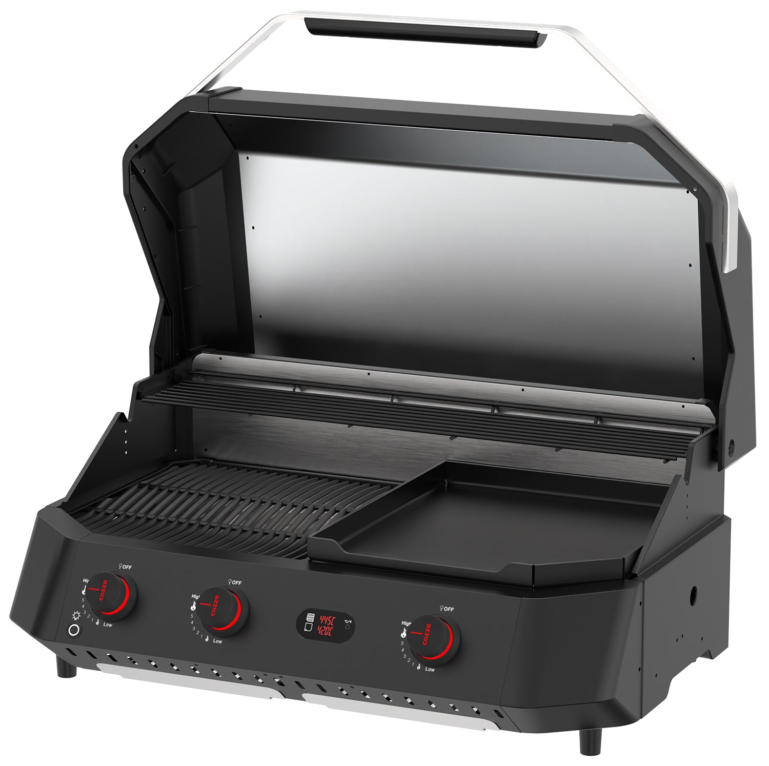 Uttrekkbare fettoppsamlingsbrett på Plancha grill G-800 Combo med grillrist 3 brennere Cozze