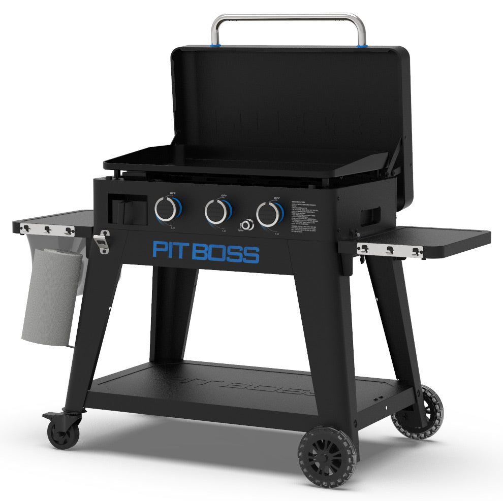 Plancha grill Ultimate 3-brenner med stativ og grillsett - Pit Boss montert med sammenleggbare sidebord