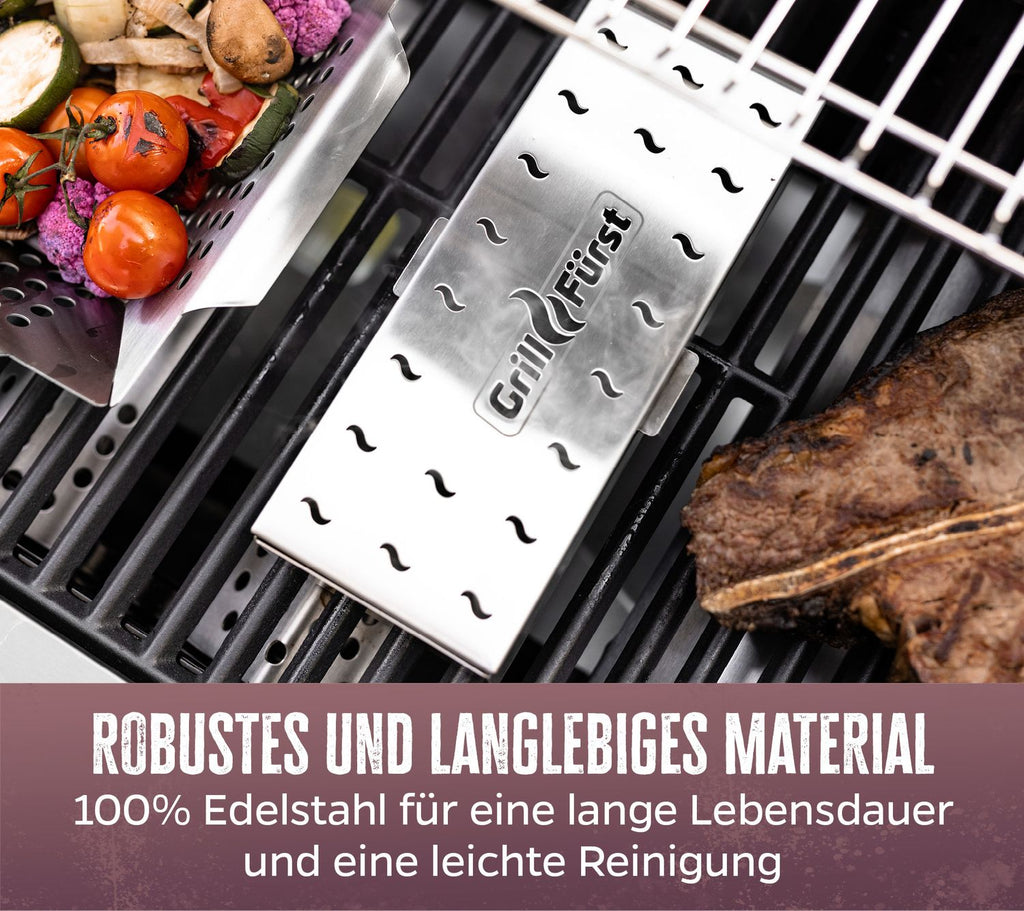 Røykboks rustfritt stål 22,5 cm - Grillfürst luftåpninger i lokk