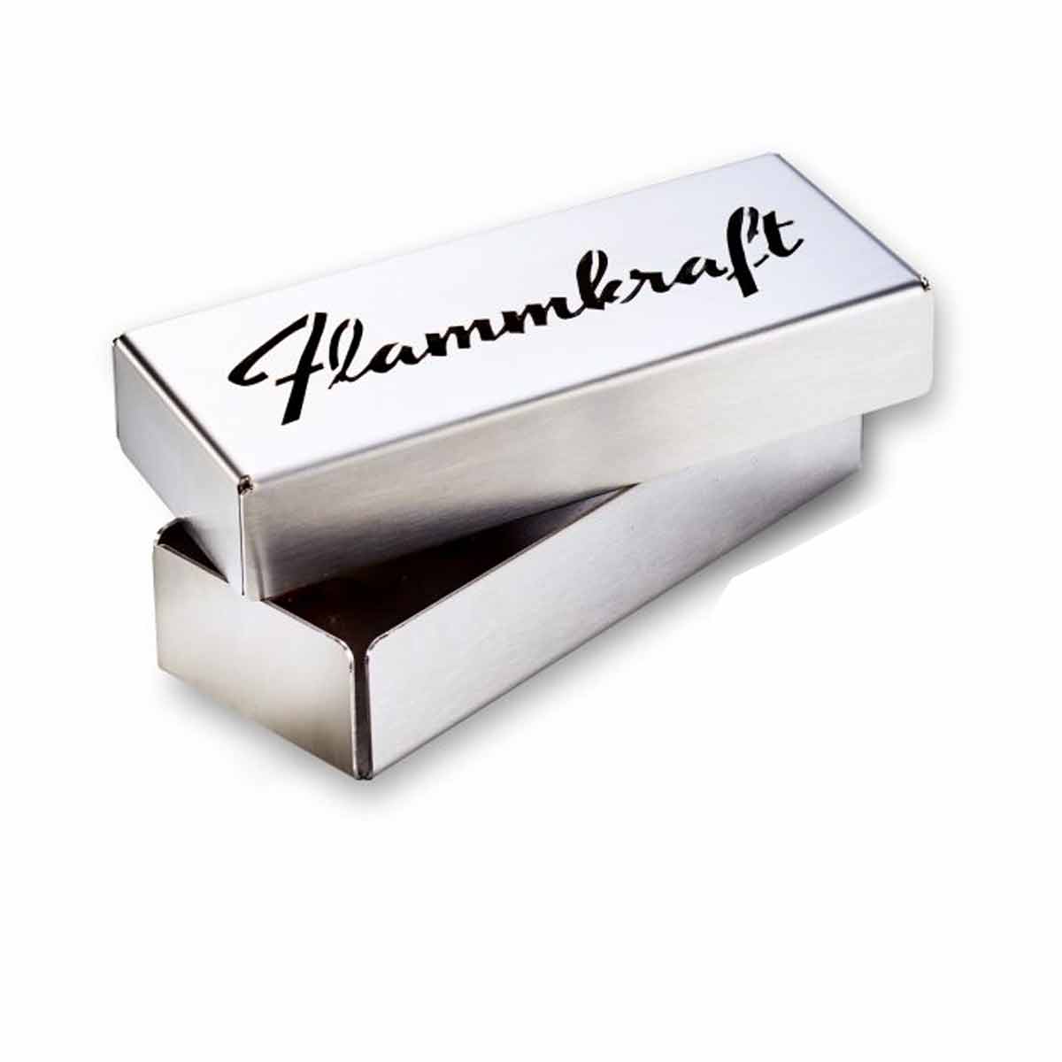 Detalj av Flammkraft-logo på Røykboks rustfritt stål