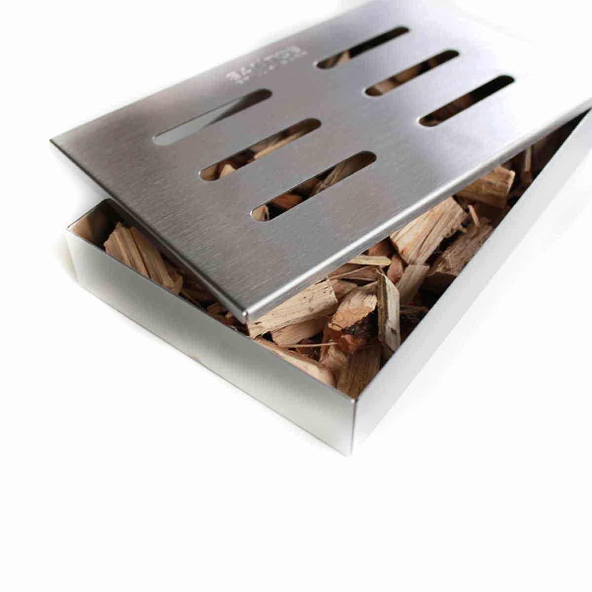 Røykboks rustfritt stål inkl. 1 kg hickory røykflis bakside