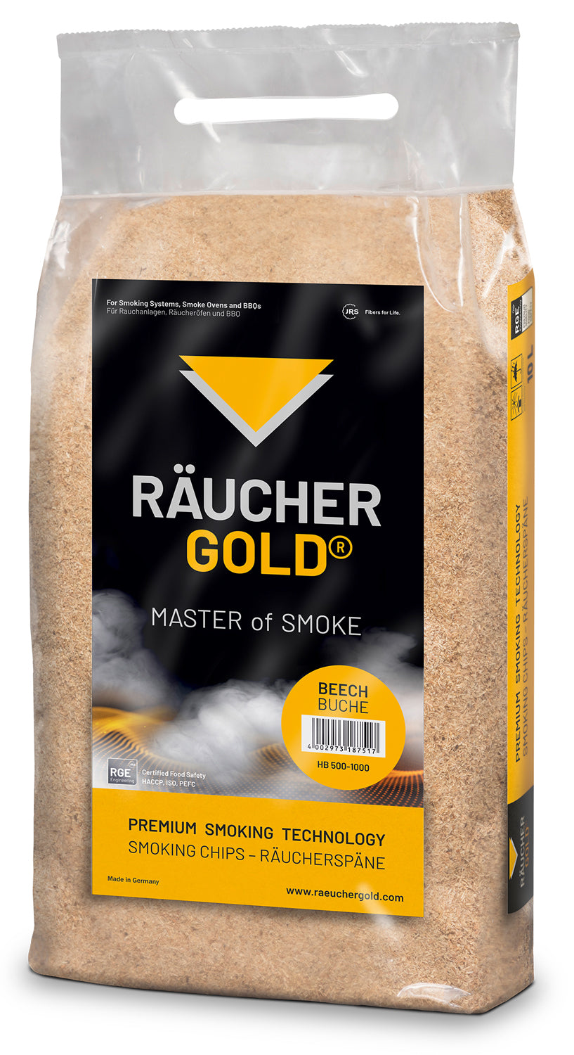 Røykemel bøk ekstra fin 0,5-1,0 mm 10 liter - Räuchergold forfra