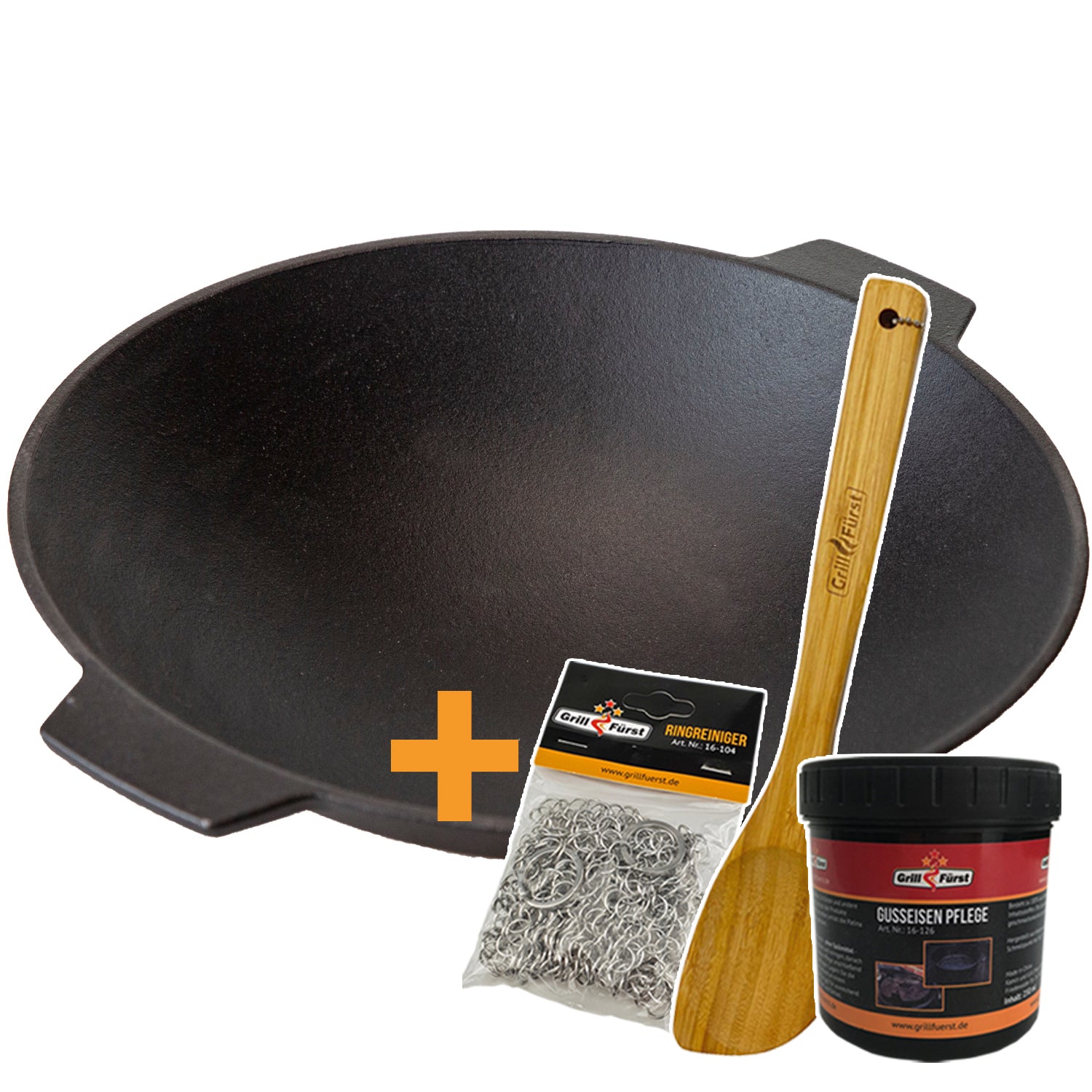 Støpejern wok med 2 håndtak 30 cm med pleiesett Grillfürst forfra