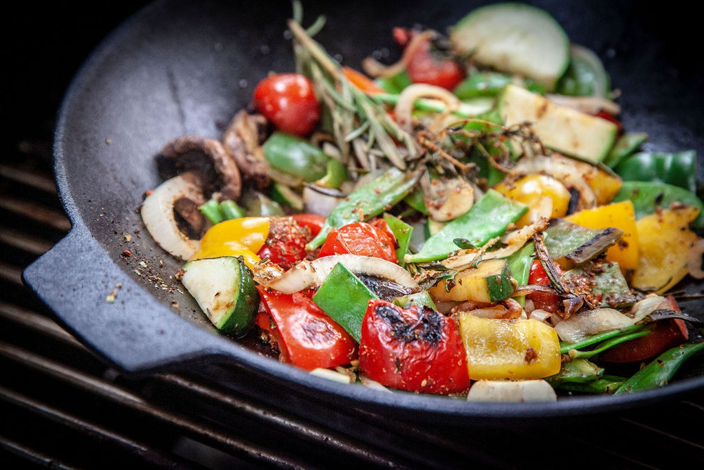 Bunn av støpejern wok med 2 håndtak 30 cm med pleiesett Grillfürst