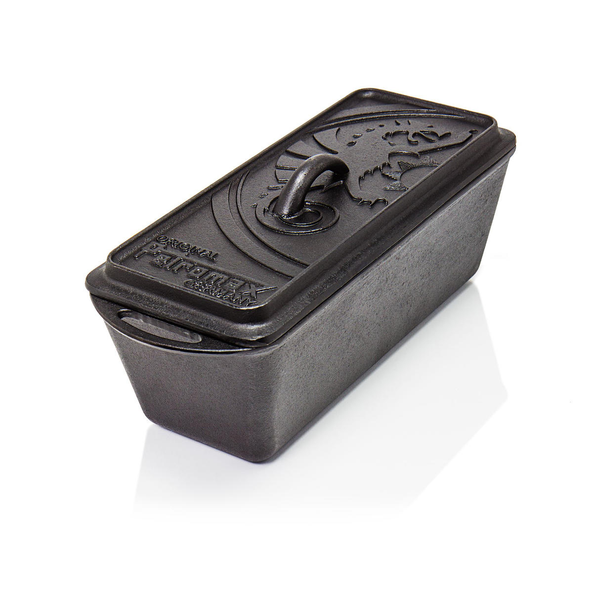 Støpejerns brødform med lokk k4 34x13 cm - Petromax forfra