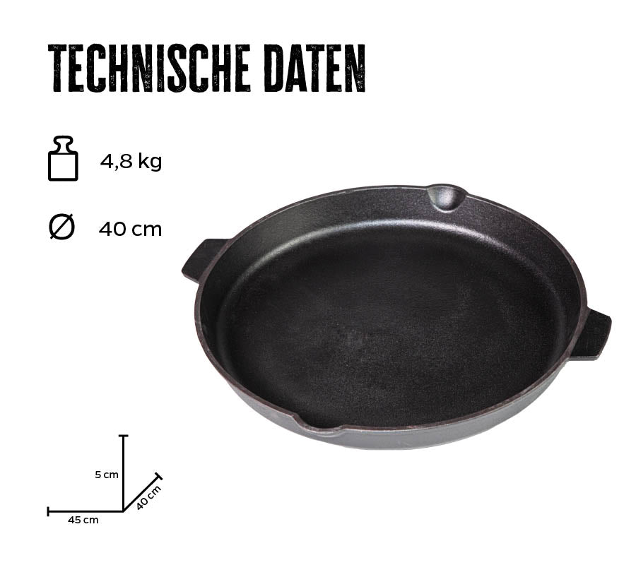 Baksiden av støpejernspanne med 2 håndtak 40 cm emaljert