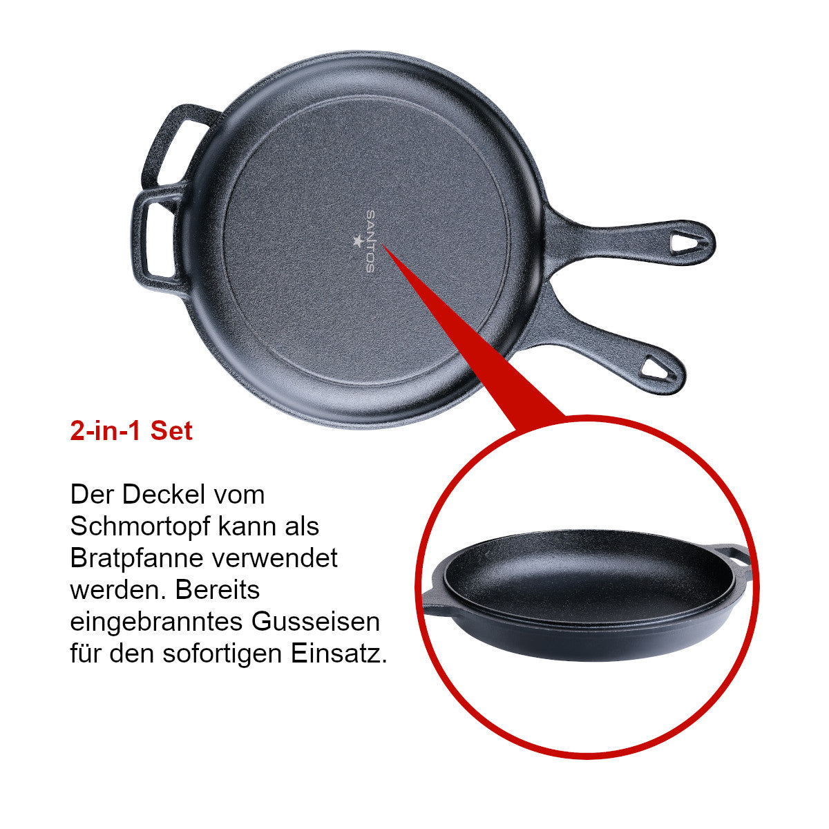 Støpejernssett 2-delt gryte og panne Ø 27 cm - SANTOS detalj av lokk