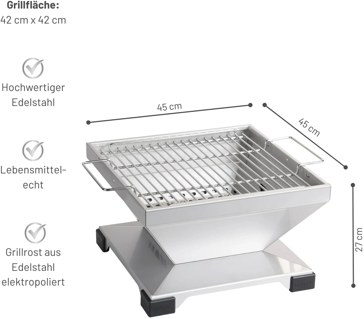 Trekull bordgrill T3 rustfritt stål 42x42 cm montert på bord