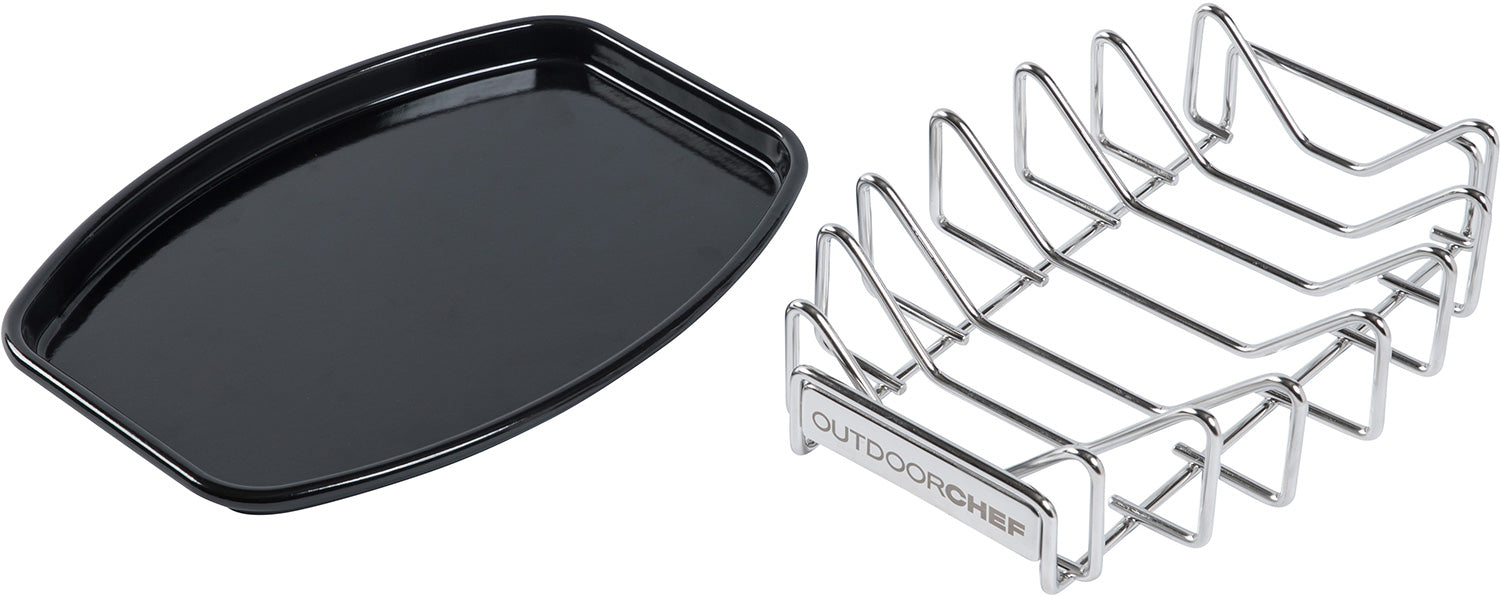 Universalrack ribbeinstativ og stekekurv rustfritt stål Outdoorchef forfra