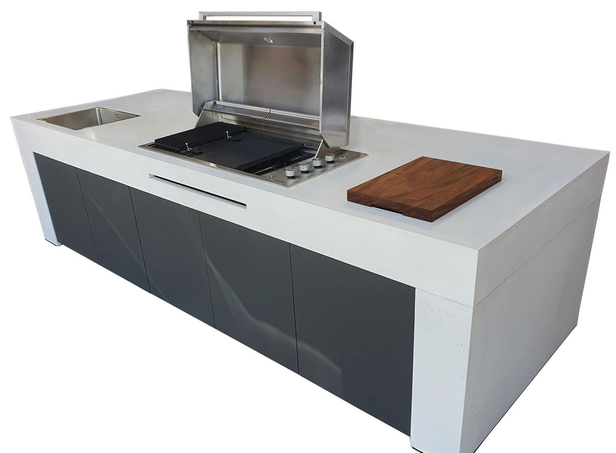 Utekjøkken betong og HPL 340x120 cm med grill og vask bakside