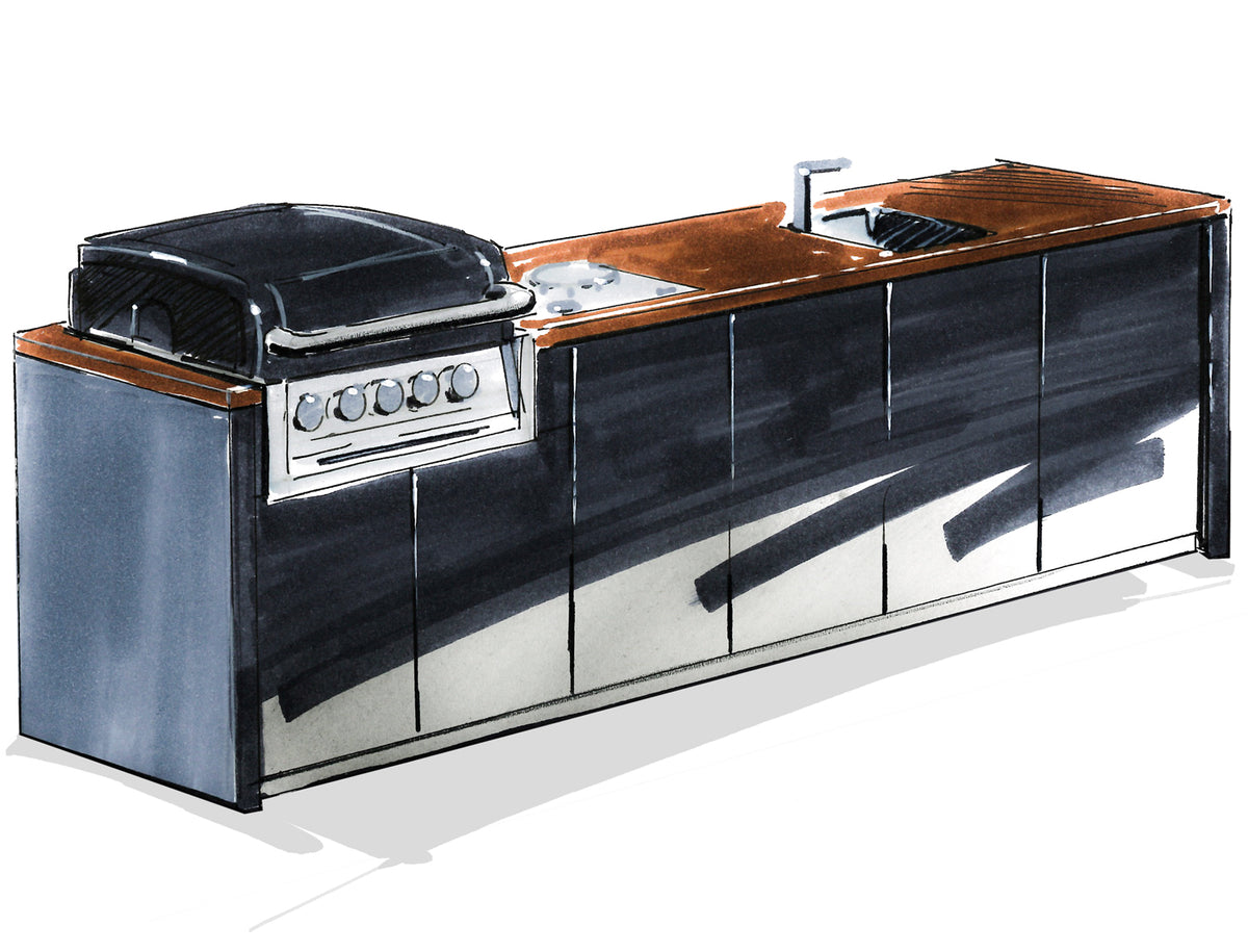 Utekjøkken HPL med bardisk 360x90 cm wok og LED Grillfürst sett forfra