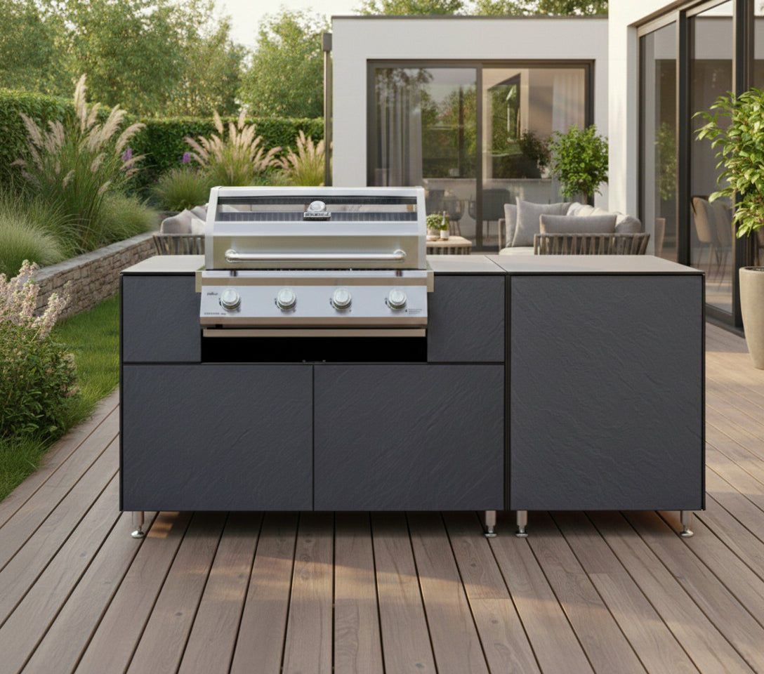 Utekjøkken med G401E innebygd grill 4 brennere skiffer bakside