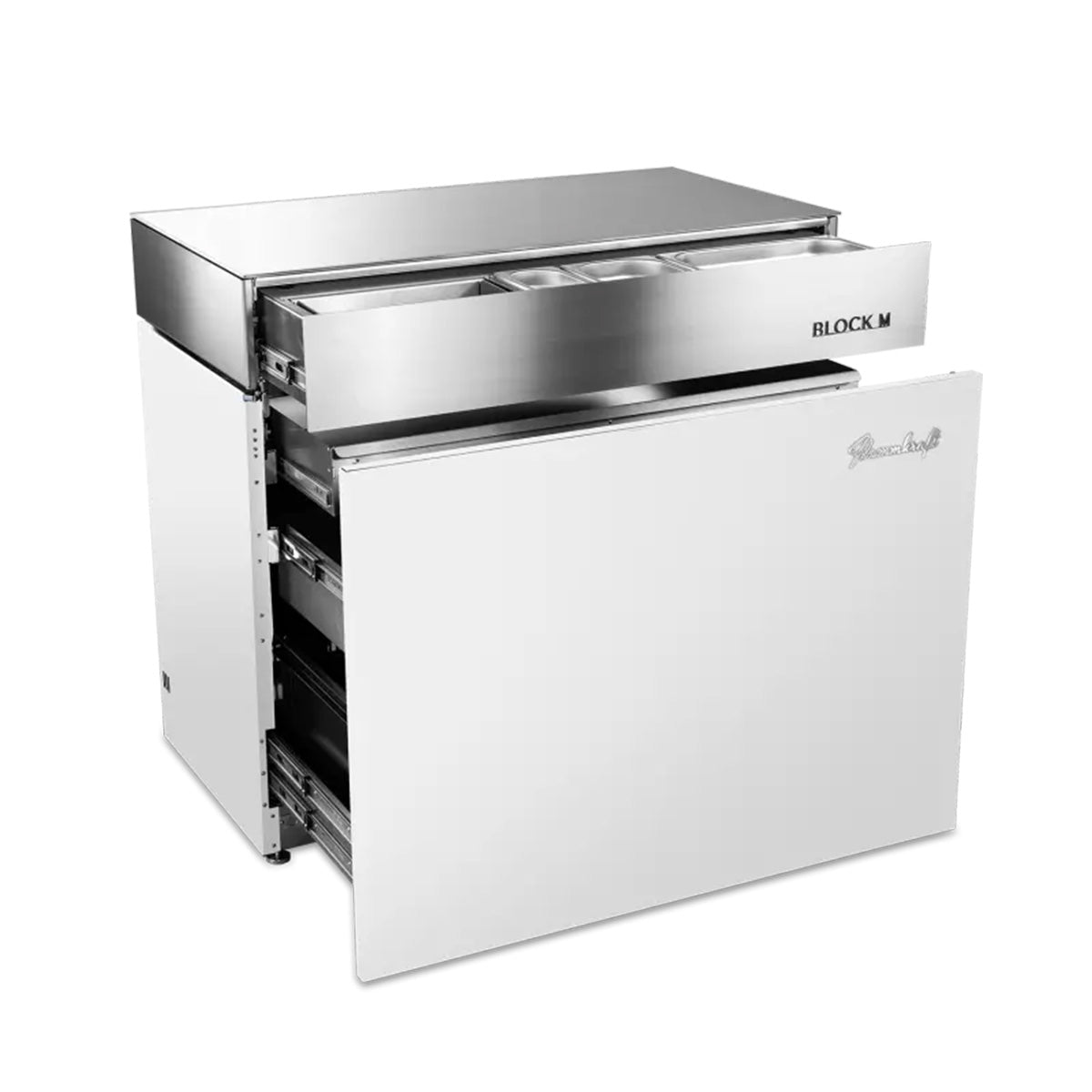 Detalj av push-to-open skuff på Utekjøkkenmodul Flammkraft Block M Gen. 5 elfenbenshvit