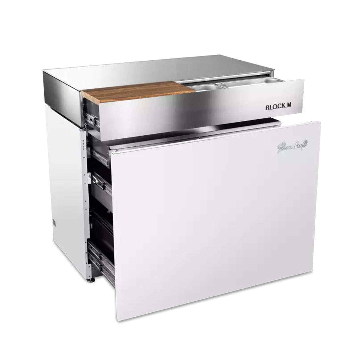 Nærbilde av rustfritt stål og eikebrett på Utekjøkkenmodul Flammkraft Block M Gen. 5 elfenbenshvit