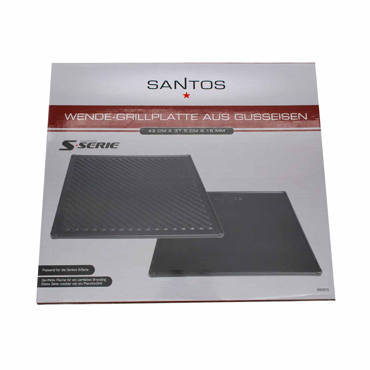 Vendbar grillplate støpejern 43x37,5 cm S-Serie - SANTOS emballasje