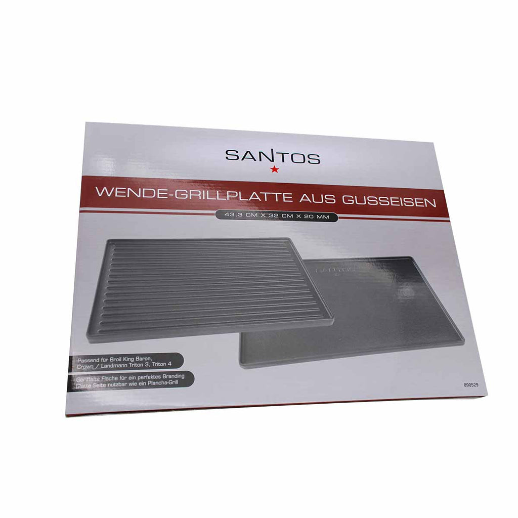 SANTOS logo på Vendbar grillplate støpejern for Broil King Baron/Crown 43,3x32 cm