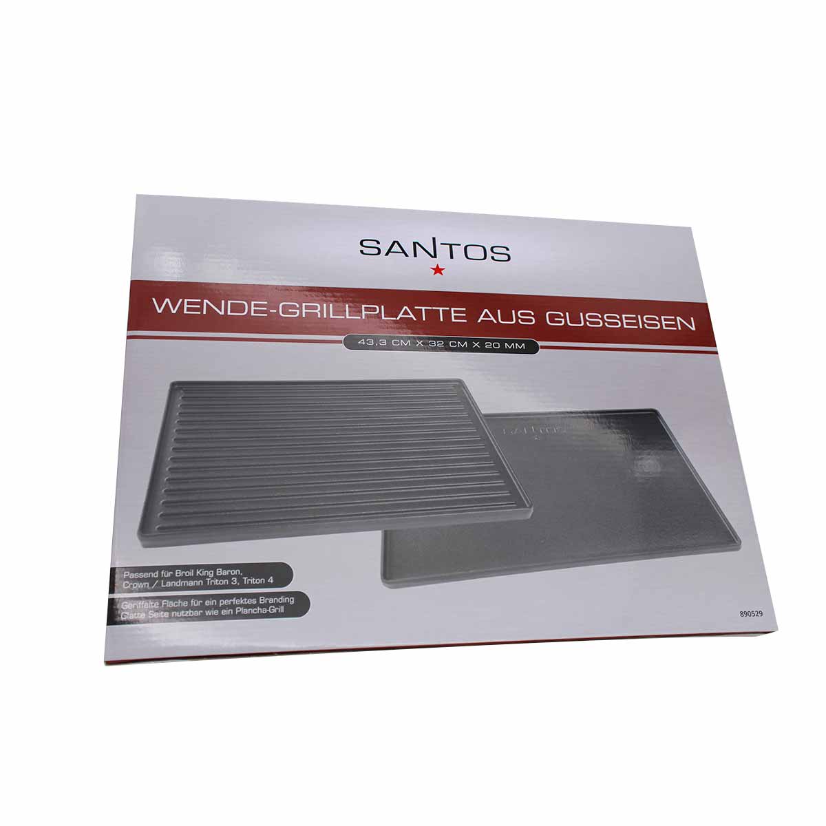 SANTOS logo på Vendbar grillplate støpejern for Broil King Baron/Crown 43,3x32 cm