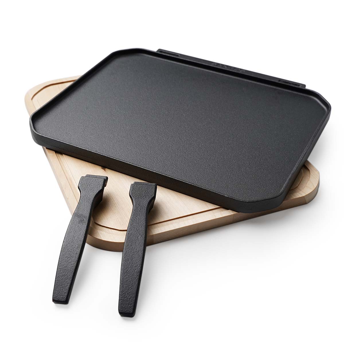 Vendbar grillplate støpejern med treunderlag 40x32 cm - SANTOS forfra