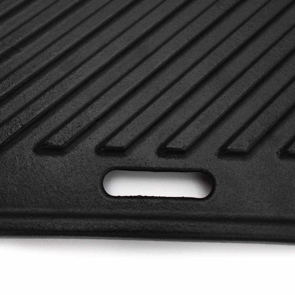 Vendbar grillplate støpejern for SANTOS S-Serie nærbilde riflet side