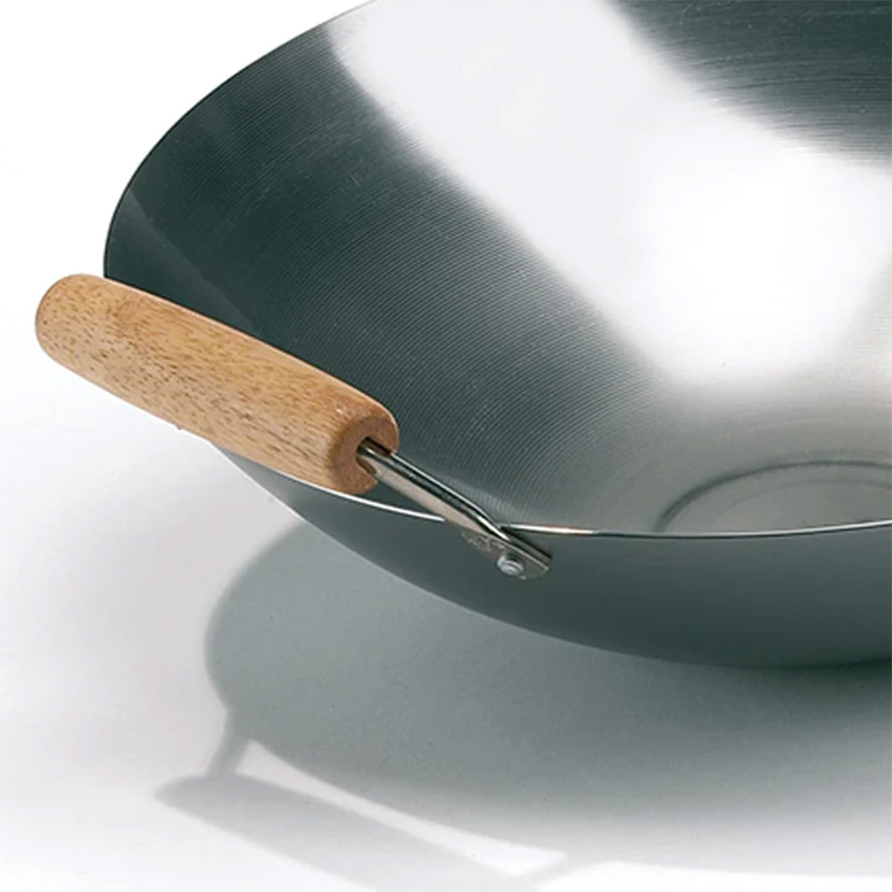 Wok 35 cm karbonstål med trehåndtak - Hot Wok bakside