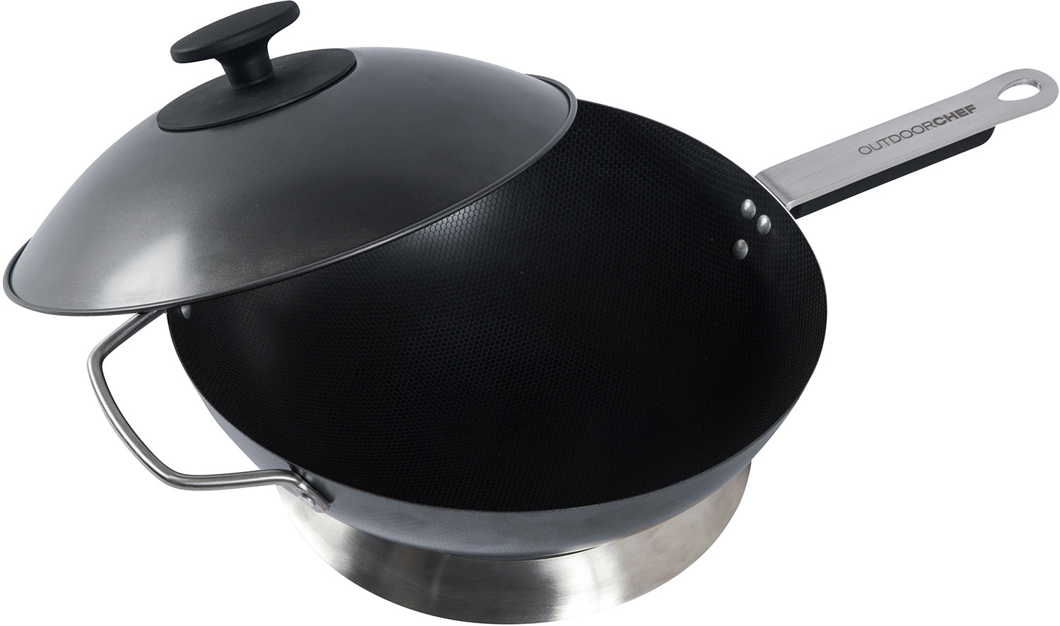 Wok karbonstål 33 cm med lokk og wokring Outdoorchef forfra