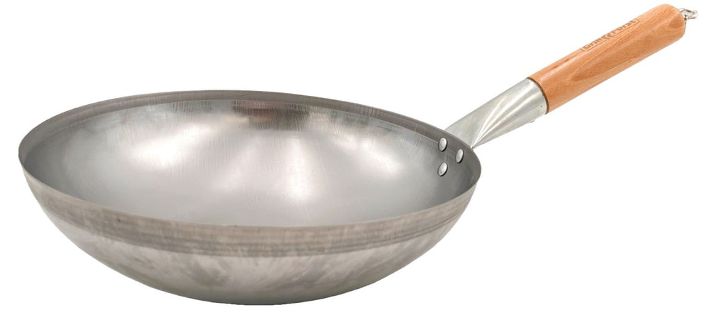 Wok rustfritt stål 30 cm med trehåndtak forfra