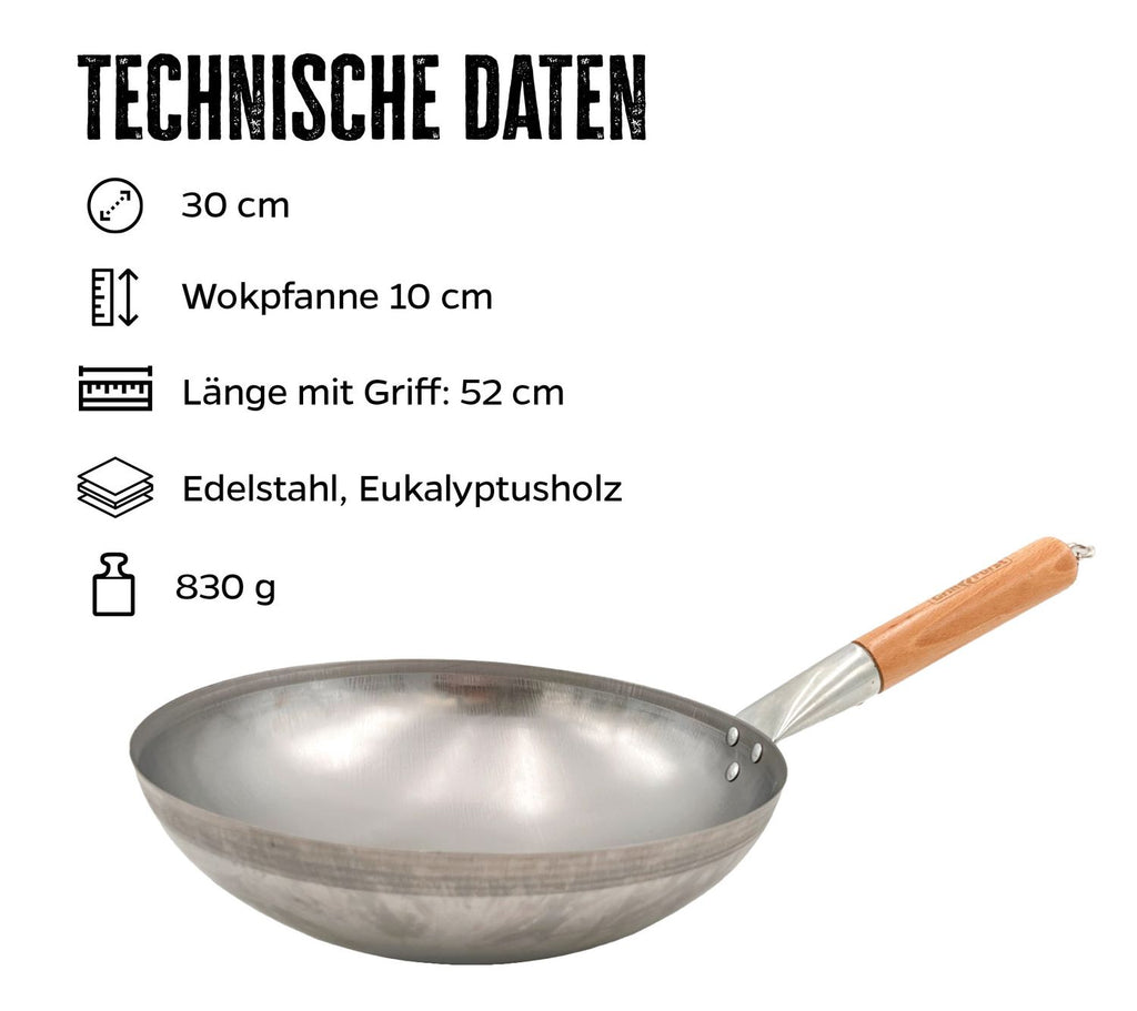 Wok rustfritt stål 30 cm med trehåndtak bakside