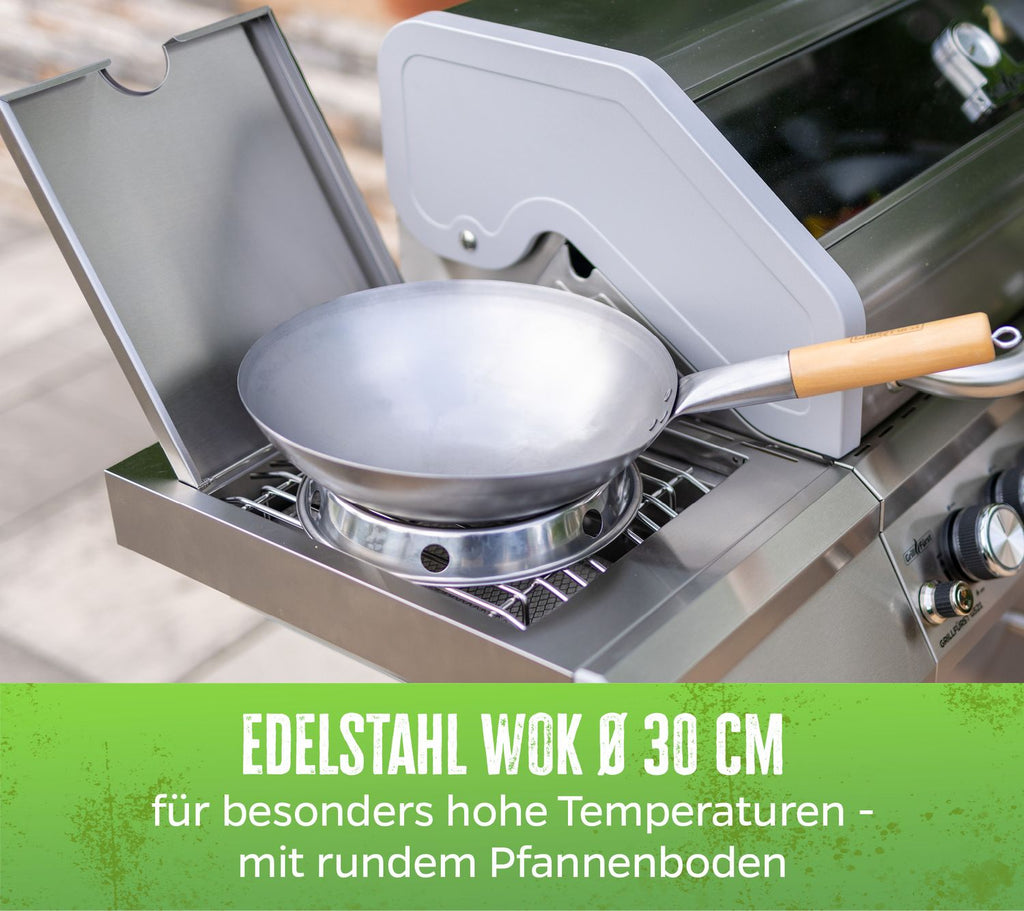 Wok rustfritt stål 30 cm med trehåndtak detalj av håndtak