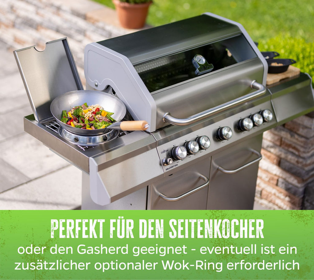 Wok rustfritt stål 30 cm med trehåndtak sideprofil